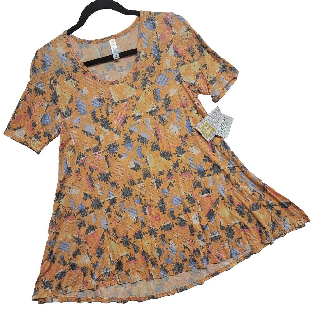 LuLaRoe Perfect Tee XXS Abstract Geometric Orange Gray Blue Swing Tunic Tee Top